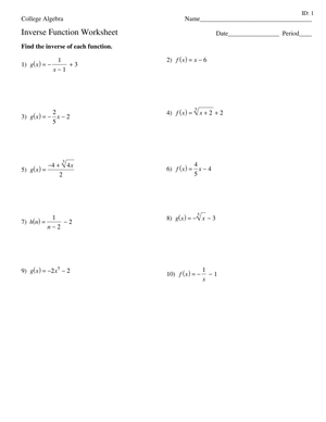 Inverse Function Practice Worksheet