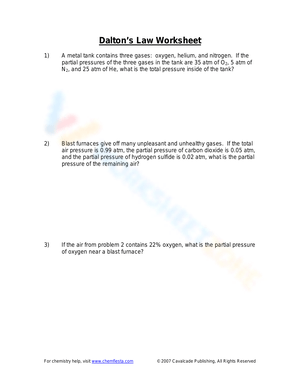 Worksheet on Dalton's Law of Partial Pressure
