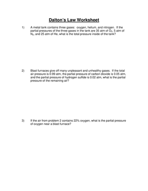 Worksheet on Dalton's Law of Partial Pressure