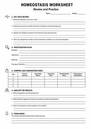Homeostasis Lab Worksheet: HS-LS1-3 — Grade 9-12 Aligned