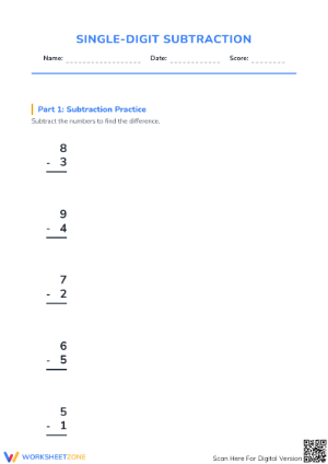 Printable Single Digit Subtraction Worksheet | Grade 2 Math