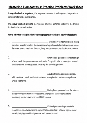 Homeostasis Feedback Loops Worksheet | Grade 9-12 Printable
