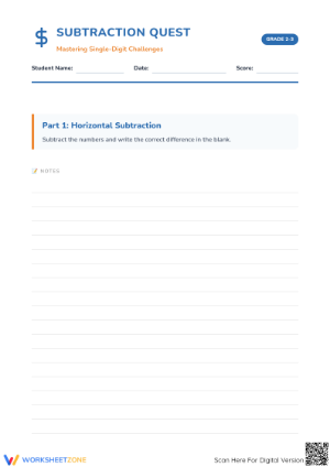 Printable 1-Digit Subtraction Worksheet | Grade 2-3