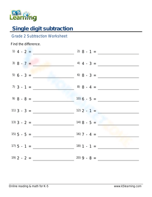 Worksheet 2: 1-digit subtraction