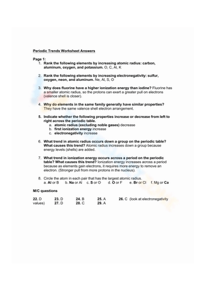Periodic Trends Practice: Answer Key Worksheet