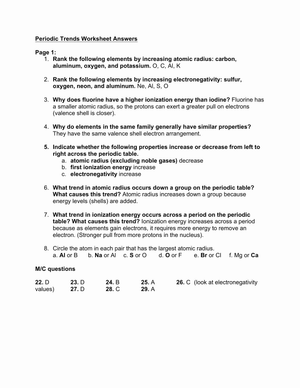 Periodic Trends Practice: Answer Key Worksheet