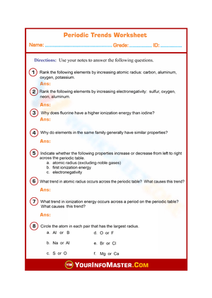 Periodic Trends Worksheet for Chemistry Students