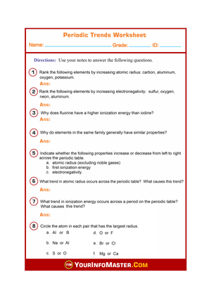 Periodic Trends Worksheet for Chemistry Students