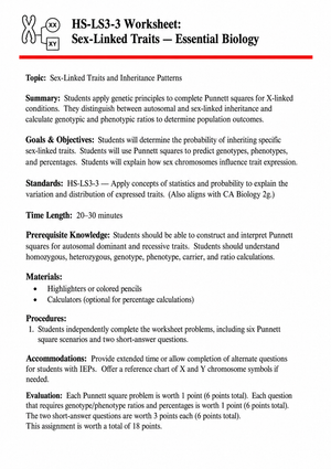 HS-LS3-3 Worksheet: Sex-Linked Traits — Essential Biology