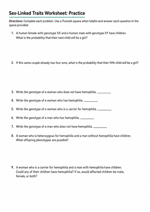 Printable Sex-Linked Traits Worksheet | Grade 9 Biology