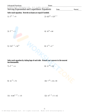 Worksheet on Solving Exponential Equations