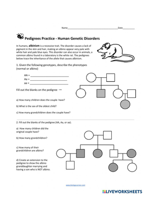 Genetics Practice: Pedigree Analysis Worksheet