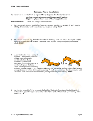 Physics Worksheet: Work, Power and Energy