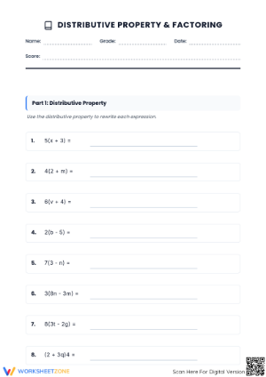 Printable Distributive Property & Factoring Math Worksheet