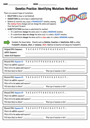 Identifying Mutations Worksheet | Grade 9-12 Printable