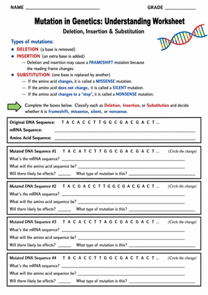Printable DNA Mutations Worksheet | Grade 9 Biology