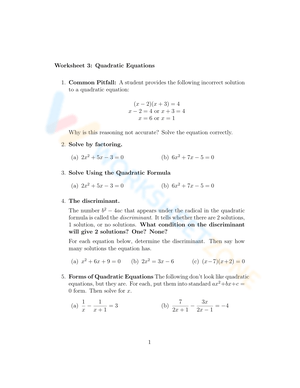 The Discriminant Worksheet