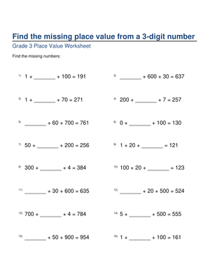 Place Value from a 3-Digit Number Worksheet