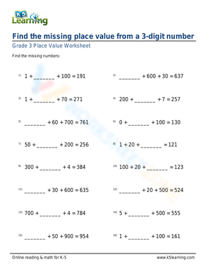 Place Value from a 3-Digit Number Worksheet