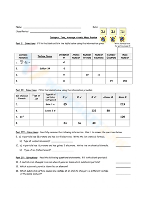 Comprehensive Worksheet on Atoms, Isotopes, and Ions