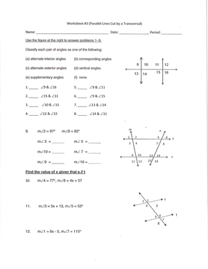 Parallel Line Cut by a Transversal: Geometry Worksheet
