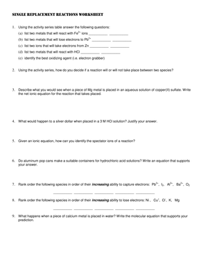 Single Replacement Reactions Worksheet for Chemistry