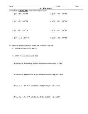 Understanding pH: A Comprehensive Chemistry Worksheet
