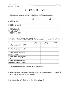 Mastering pH and pOH Calculations: A Chemistry Worksheet