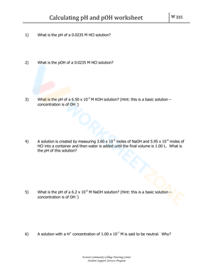 Worksheet: Calculating pH and pOH for Chemistry Students