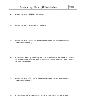 Worksheet: Calculating pH and pOH for Chemistry Students
