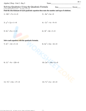 Free Printable Quadratic Formula Worksheets for Students
