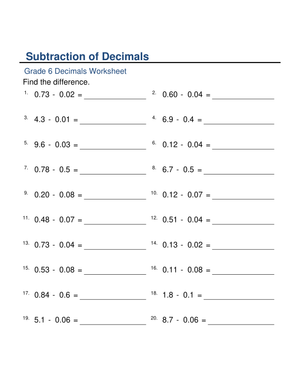 Subtraction of Decimals Practice Problems