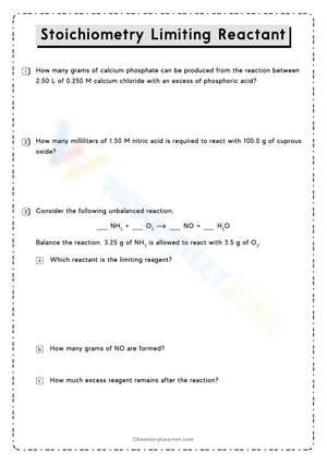 Free PrintableLimiting Reactant Worksheets for Students
