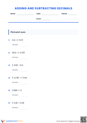 Adding and Subtracting Decimals Worksheet | Grade 7 Ready