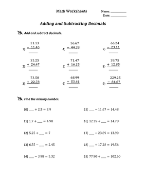 Decimal Addition & Subtraction