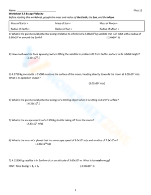 Escape Velocity Worksheet