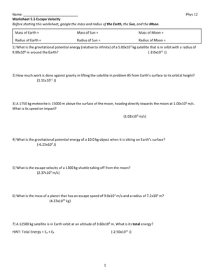 Escape Velocity Worksheet