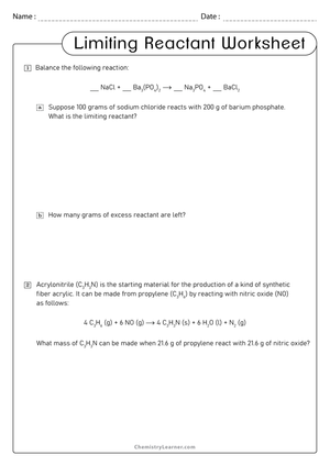 Limiting Reactant Example Worksheet