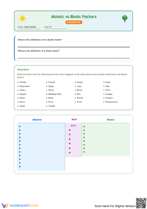 Abiotic vs. Biotic Factors Worksheet with Answer Key