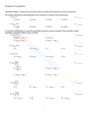 Logarithm Properties Worksheet