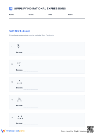 Simplifying Rational Expressions | Printable Math Worksheet