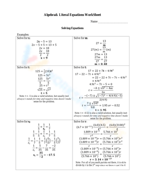 Algebra: Solving Literal Equations Worksheet