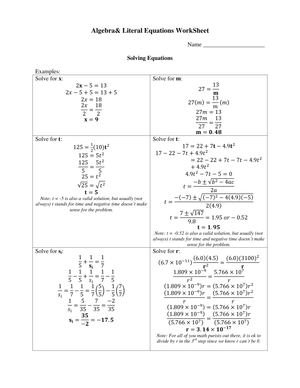 Algebra: Solving Literal Equations Worksheet
