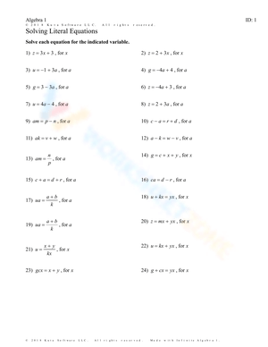Solving Literal Equations 1 Worksheet