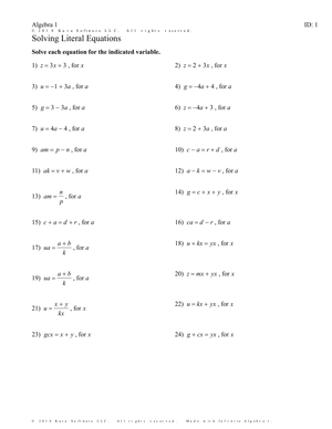 Solving Literal Equations 1 Worksheet