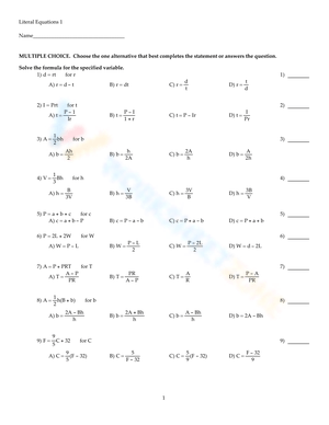 Solving Literal Equations Worksheet 2
