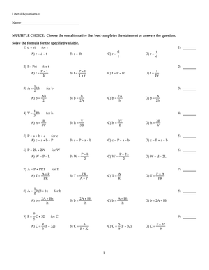 Solving Literal Equations Worksheet 2