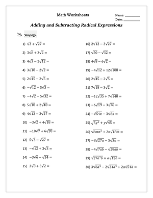 Adding and Subtracting Radical Expressions Worksheet
