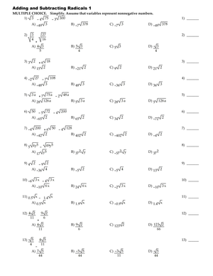 Adding and Subtracting Radicals Worksheet