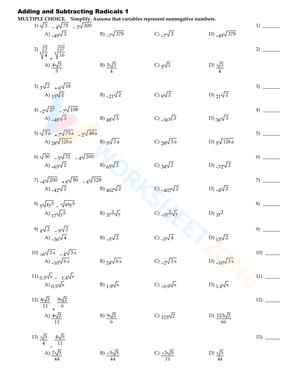 Adding and Subtracting Radicals Worksheet